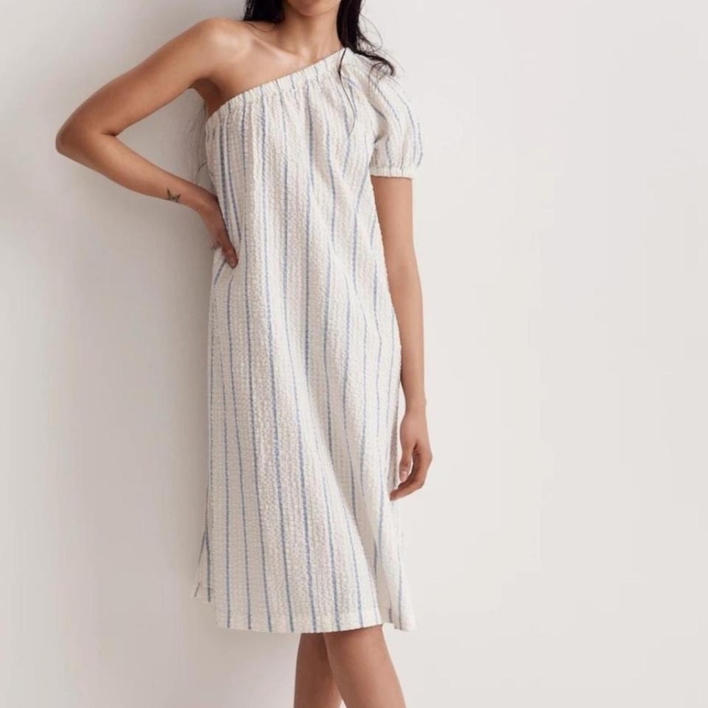 Madewell Women's Sz XXS White Blue Stripe Seersucker One-Shoulder Puff-Sleeve Mi